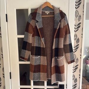 NWOT ONE WORLD Plaid Coat in Black, Brown, and Cream